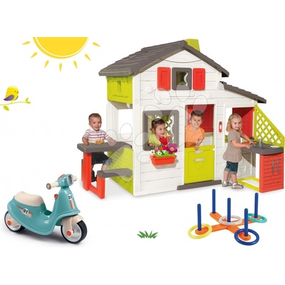 Smoby set domeček Přátel s kuchyňkou a odrážedlo Scooter s gumovými koly a kruhy na házení 810200-44