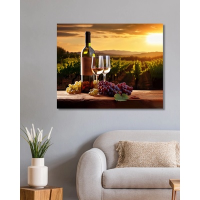 ZUTY Obrazy na stenu - Fľaša vína s pohármi vo vinici Rámovanie: vypnuté plátno na rám, Rozmer: 40x50 cm