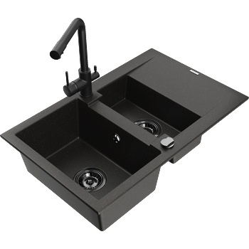 Mexen Gaspar гранитна мивка 1, 5-камерна с отцедник и кухненски смесител Duero, черно/златно - 6507-75-671600-70-B (6507-75-671600-70-B)