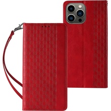Hurtel Magnetický pouzdro na iPhone 14 Plus s výklopnou peněženkou, mini stojánkem na šňůrku, červený