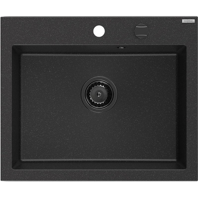Mexen Elix гранитна мивка с 1 камера 600 x 500 мм, черно/сребърен металик, черен сифон - 6525601005-73-B (6525601005-73-B)