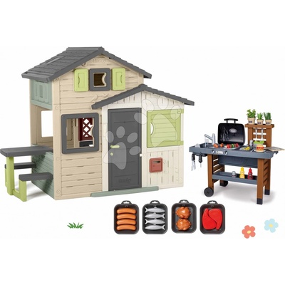 Smoby Set domeček Přátel s plnými dveřmi a zahradní gril Friends Evo Life Playhouse rozšiřitelný s piknikovým stolem