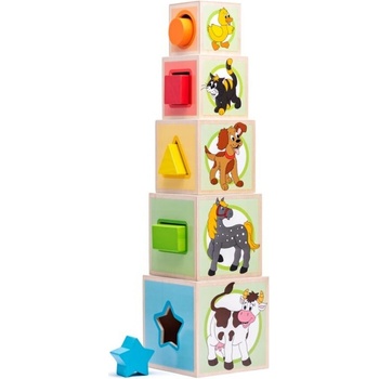 Woody dřevo věž zvířátka set 5 kostek s vkládacími tvary