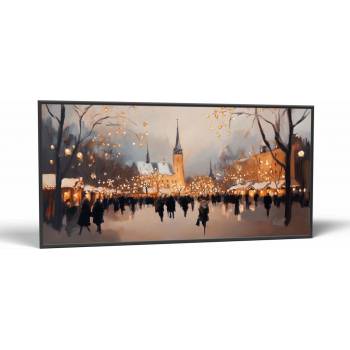 Ročné obdobia Vianočný večer námestia | Obraz Vintessia v ráme Rozmery panoráma: 60x120, Rám: Čierny matný-alu