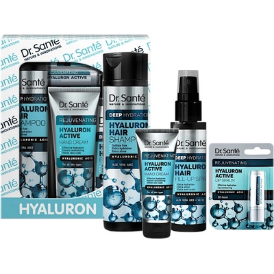 Dr. Santé Hyaluron hydratačný šampón 250 ml + hydratačný sprej na vlasy 150 ml + hydratačný krém na ruky 75 ml + balzam na pery 4 g darčeková sada