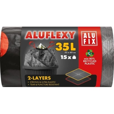 Alufix Vrecia na odpadky zaťahovacie LDPE 35 l 28µm 2 vrstvové 15 ks sivo-čierne