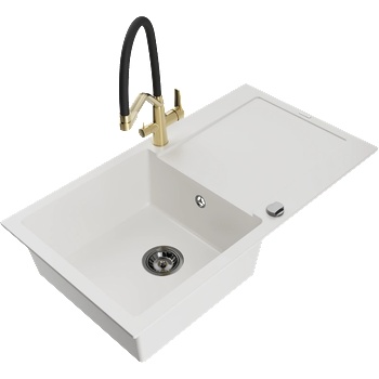 Mexen Leo гранитна мивка с 1 отделение и отцеждащо плато и кухненски смесител Duo, бял - 6501-20-671701-57-B (6501-20-671701-57-B)