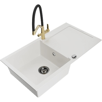 Mexen Leo гранитна мивка с 1 отделение и отцеждащо плато и кухненски смесител Duo, бял - 6501-20-671701-57-B (6501-20-671701-57-B)