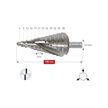 Karnasch Стъпално свредло Ø 6-38 mm (x 4, 5 mm), HSS-XE без покритие, 2x спирален канал (201470U)