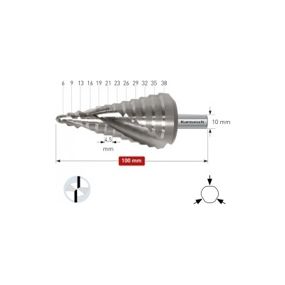 Karnasch Стъпално свредло Ø 6-38 mm (x 4, 5 mm), HSS-XE без покритие, 2x спирален канал (201470U)