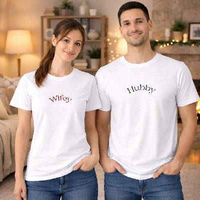 Trička s potiskem WIFEY a HUBBY, pro pár Barva: Bílá, Velikosti: On L Ona M, Varianta potisku: Uprostřed na hrudi
