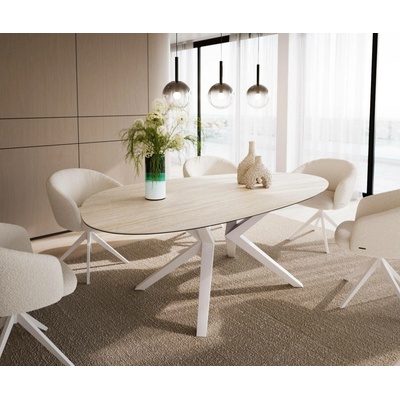 DELIFE Edge oválný 220 x 120 keramika LaminamTravertino Bianco krémově bílý Zenthara hranatý kov bílý