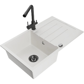 Mexen Bruno Гранитна кухненска мивка с 1 отделение, с отцедник и кухненски смесител Duero, бял - 6513-20-671600-70 (6513-20-671600-70)