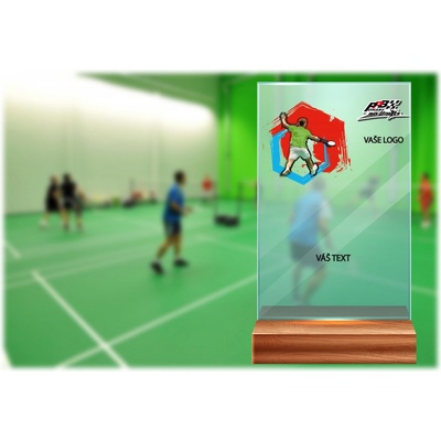 Skleněná trofej na dřevěném podstavci Badminton Výška: 17 cm