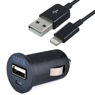 Зарядно за кола Symtek USB Car Charge & Sync, от автомобилна запалка към USB-A(ж), 2.1A, USB-A към Lightning кабел, черно (TP-MFI-225CS)