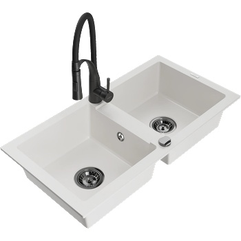 Mexen Mario гранитна мивка с 2 камери с кухненски смесител Aster, бял - 6504-20-73450-70-B (6504-20-73450-70-B)