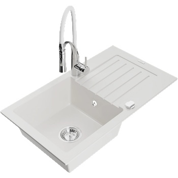 Mexen Pablo гранитна мивка с една купа и отцедник и кухненски смесител Aster, бял - 6510-20-73450-02 (6510-20-73450-02)