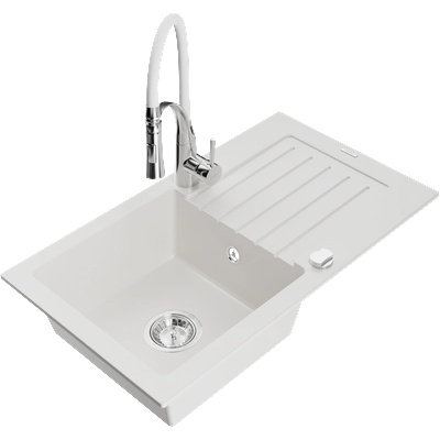 Mexen Pablo гранитна мивка с една купа и отцедник и кухненски смесител Aster, бял - 6510-20-73450-02 (6510-20-73450-02)