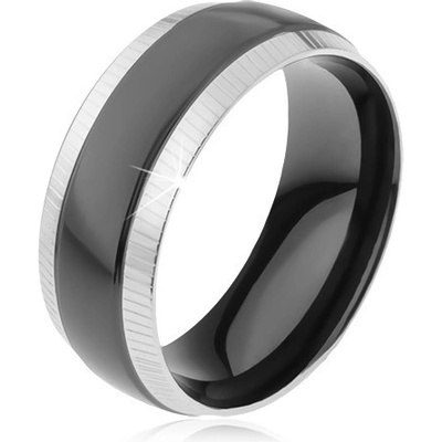 Šperky eshop prsten z oceli 316l rýhované okrajové pásy lesklý černý pruh K3.14