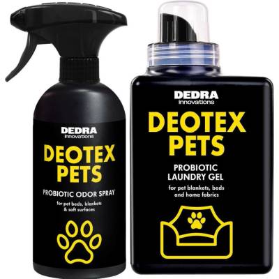 DEOTEX PETS Praktický set pro domov plný mazlíčků pohlcovač pachů & speciální tekutý prací prostředek s probiotiky 500 ml + 525 ml