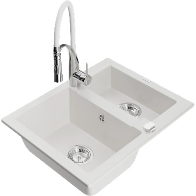 Mexen Carlos гранитна мивка 1, 5-корпусна с кухненски смесител Aster, бяла - 6518-20-73450-02 (6518-20-73450-02)