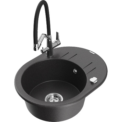 Mexen Kevin гранитна мивка с 1 отделение и кухненски смесител Duo, черна с пръски - 6517-76-671701-07 (6517-76-671701-07)