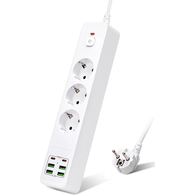 Удължител DLFI, 3 гнезда, 250V, 10A, Кабел, 1.8м. , 4 x USB-F, 2 x USB-C, С ключ, Бял - 17967 (17967)