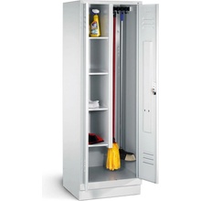 Denios Úklidová skříň Cabo, 4 vložné police, háčky, š 610, h 500, v 1800 mm, podstavec, šedá