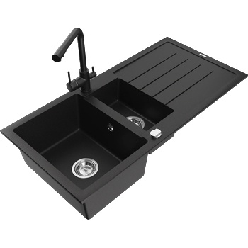 Mexen Andres гранитна мивка с 1, 5 камери с отцедник и кухненски смесител Duero, черен - 6515-77-671600-70 (6515-77-671600-70)