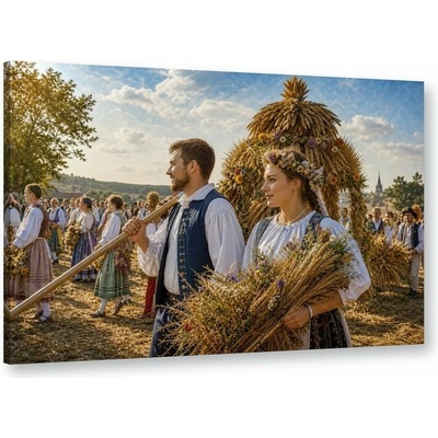 Obraz na plátně – Lidé v krojích se snopy obilí 60 × 40 cm – Hledejceny.cz