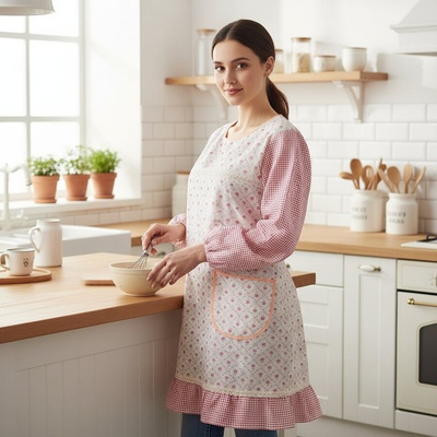 Готварска престилка в бяло с малки червени розички и квадратчета