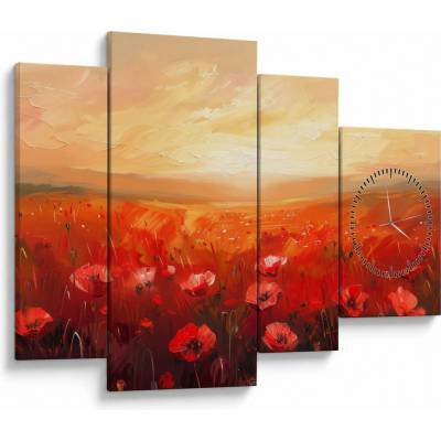 Obraz - Pole vlčích makov (s hodinami), štvordielne 110x75 cm s hodinami