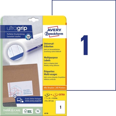 Avery-Zweckform 6119 210 x 297 mm papier biela 30 ks trvalé univerzálne etikety atrament, laser, kópie; 6119