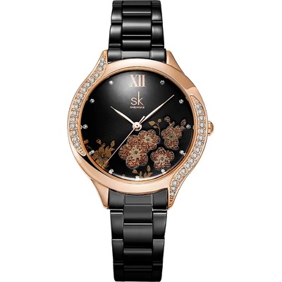 Shengke Дамски часовник SK Shengke Fulgent, Черен / Розово Злато (SK-K0172L-BLACK-ROSEGOLD)