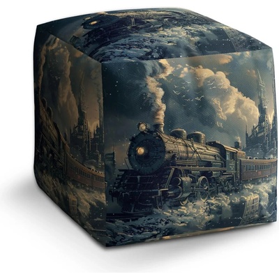 Sablio Taburet Cube Parná lokomotíva v zasneženom meste - 50x50x50 cm