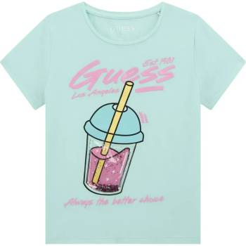 GUESS Ментова тениска за момиче с розов надпис Guess и шейк с глитери