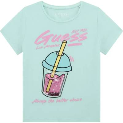 GUESS Ментова тениска за момиче с розов надпис Guess и шейк с глитери