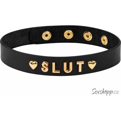 Liebe Seele Choker Slut (Gold), kožený fetiš obojok