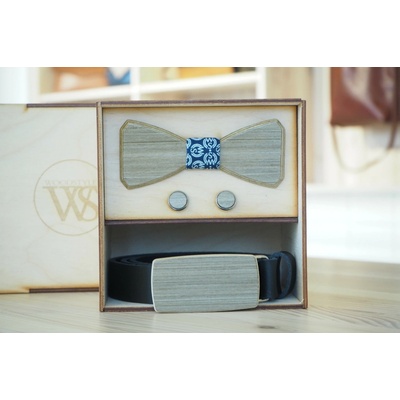Wood Style Set Hranatý WS Modrotisk opasek motýlek a manžetové knoflíčky Černá Šedé hedvábí