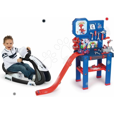 Smoby Set trenažér elektronický Vesmír Space Driver a pracovní dílna se skákajícím autem Spidey