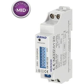 ORNO OR-WE-521 - Електромер, монофазен, еднотарифен, 40A, 230V AC/50-60Hz с MID сертификат (OR-WE-521)