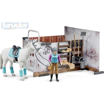 BRUDER 62506 Bworld Stáj pro koně set kůň s jezdcem a doplňky plast 1:16