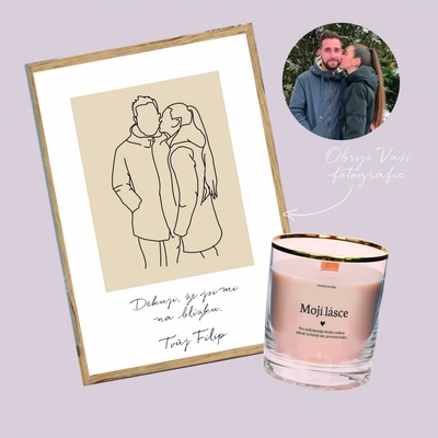SET Plakátu s obrysem fotografie a svíčkou Moji lásce Rozměr + barva rámu: A4 Béžový s bílým pozadím - Bílý rám, Kresba: Již mám namalovanou u vás – Hledejceny.cz
