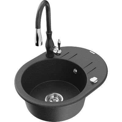 Mexen Kevin кухненска мивка от гранит 1-коморна с отцедник и кухненски смесител Savita, черен на пръски - 6517-76-672601-76 (6517-76-672601-76)