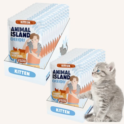 ANIMAL ISLAND Everyday Kitten Turkey with veal in broth 24x85 g