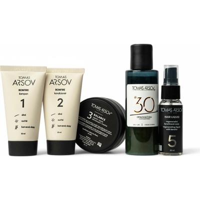 Tomas Arsov Bonifire šampon 50 ml + oplachový kondicionér 50 ml + Balance maska 50 ml + keratinová voda 30 ml + olej na opalování 100 m