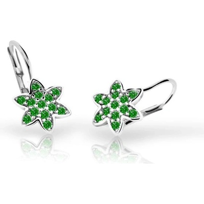Danfil dětské náušnice kytičky C2206 z bílého zlata s kamínky Emerald Green zapínání klapka