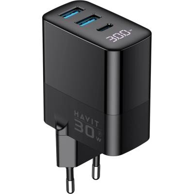 Havit - Зарядно за стена (UCLE001 EU) - 2x USB, Type-C, 30W, GaN технология - Черно