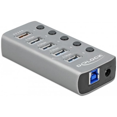 Delock DeLOCK USB 3.2 Gen 1 с 4 порта + 1 порт за бързо зареждане хъб, сив, със стойка и осветление (63262)
