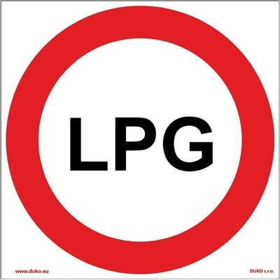 DUKO ZÁKAZ VJEZDU VOZIDEL POHÁNĚNÝCH LPG Formát: 210 x 210 mm, Materiál: plast 1 mm, samolepící vinylová fólie